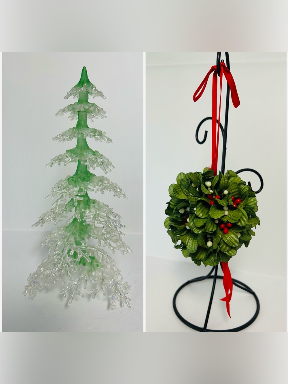 Vintage 70s Kitschy Plastic Lot Of 2 Xmas Tree & Kissing Mistletoe Hanging Ball